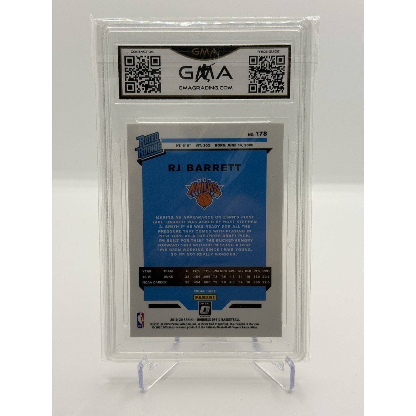 2019-20 Panini Donruss Optic - Rated Rookie RJ Barrett #178 (RC) GMA Gem Mint 10