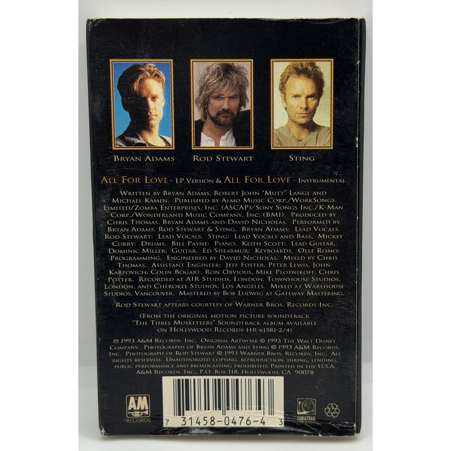 Three Musketeers: All For Love - Sting, Rod Stewart, Bryan Adams Cassette Single